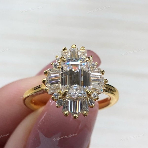 Emerald Cut Moissanite Engagement Ring, With Tapered Baguette & Round Cut Diamond Anniversary Ring, Vintage Cluster Wedding Ring For Her