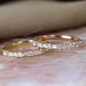 Baguette And Round Moissanite Diamond Ring, Baguette Moissanite Set Diamond Matching Band, Baguette Diamond Band, Baguette Diamond Band