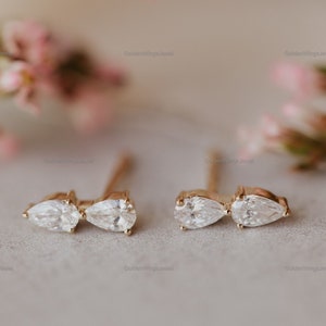 Pear Cut Moissanite  Diamond Earrings, Yellow Gold Stud Prongs Set Earrings, Minimalist Earrings , Dainty Diamond Earrings