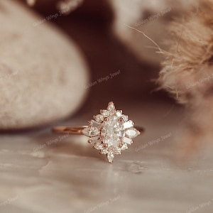 Oval Moissanite diamond with Marquise, round and baguette Moissanite ring, oval diamond engagement ring, Oval halo Moissanite ring gift