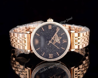Moissanite Diamond Studded Watch, Black Dial 34mm Diamond Watch For Men, VVS Diamond Watch, Iced Watch, Moissanite Diamond Black Dial Watch