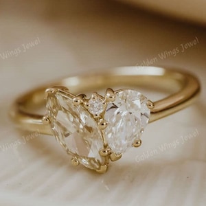 Toi et Moi ring, Champagne Marquise Cut Moissanite, Marquise and pear ring, Toi et Moi Moissanite Diamonds, 2 Stone ring, Pear Toi Moi Ring