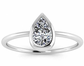 1.2ct Pear Moissanite diamond Engagement Ring, bezel set pear Moissanite diamond ring, bezel set diamond ring, pear cut diamond ring for her
