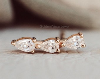 6 x 4 mm Pear Cut Moissanite Diamond Ear Climber Earrings, Ear Crawler Earrings Sterling Silver Ear Climber Minimalist Earrings Gift For her
