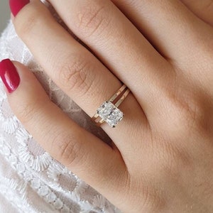 2Ct Radiant Moissanite Diamond Halo Ring, With Plain Matching Band Bridal Set, 2CT Radiant Diamond Wedding Set, Radiant Diamond Halo Ring,