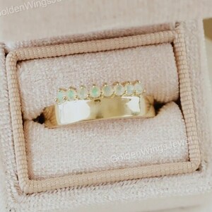 Unique Opal Wedding Band, Yellow Gold Ring, Moissanite Wedding Ring, Straight Diamond Ring, Vintage Stackable Ring, Custom Promise Ring,