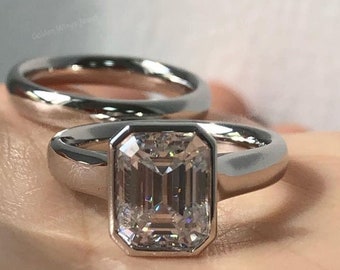 1 CT Emerald Cut Moissanite Colorless Engagement Band, Full Bezel Set Solitaire Band With Plain Matching Wedding Band Anniversary Band