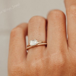 1CT Emerald Cut Moissanite Diamond Engagement Ring, East West Emerald Diamond Ring, Emerald Moissanite Ring, Solitaire Moissanite Ring,