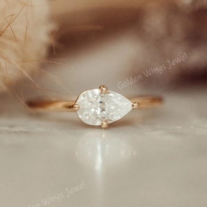 East West Pear Cut Moissanite Ring, 1CT Solitaire Engagement Ring, Unique Pear Moissanite Diamond Ring, Pear Ring, Solitaire Ring, Gift For