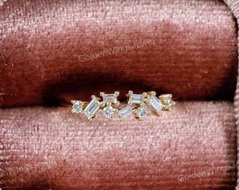 Baguette and Round Colorless Moissanite Wedding Band Half Eternity Band Yellow Gold Band Stackable Band Anniversary Gifts For Her