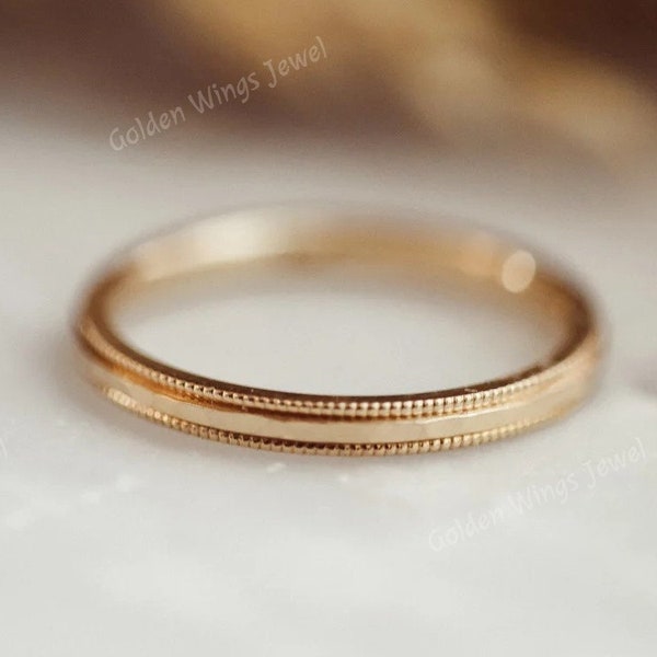 Plain Milgrain Design Wedding Matching Band, Solid Gold Matching Band, Milgrain Matching Band, Plain Matching Wedding Band, Stackable Band