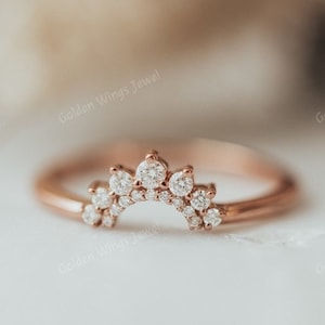 Round Diamond Wedding Band, Half Eternity, Crown Shape, Double Row, Dainty Matching Band, Perfect Bridal Jewelry, Round Moissanite Diamond