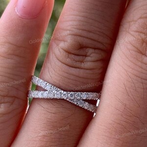 Crossover Moissanite Matching Wedding Band, 1/2 Eternity Stacking Engagement Ring, Fiery Round Brilliant Cut Moissanite Ring, Promise Ring