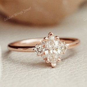 Marquise Moissanite Diamond Ring with round Moissanite engagement ring, marquise engagement ring with side round diamond ring