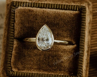 Bezel set pear Moissanite ring, 1.5ct pear Moissanite diamond solitaire ring, pear solitaire engagement ring, bezel set pear diamond ring