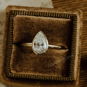 Bezel Set Pear Moissanite Ring, 1.5CT Pear Solitaire Engagement Ring, Bezel Setting Pear Diamond Ring, 1 CT Pear Diamond Engagement Ring,