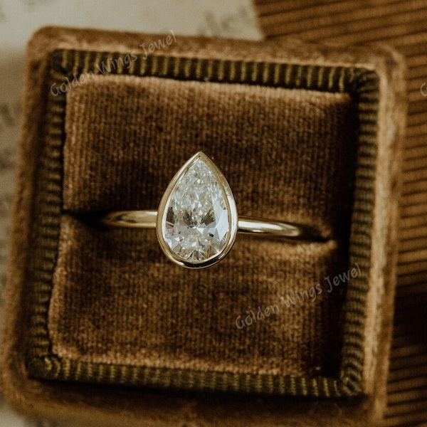 Bezel set pear Moissanite ring, 1.5ct pear Moissanite diamond solitaire ring, pear solitaire engagement ring, bezel set pear diamond ring
