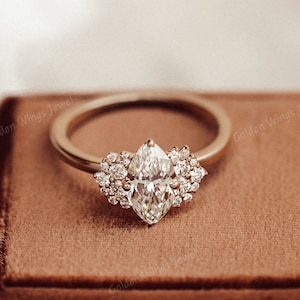 1CT Marquise Cut Moissanite Diamond Ring with Side Round Cut Moissanite Engagement Ring, Marquise Moissanite Engagement Ring For Her