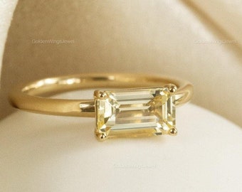 1.50 Ct Emerald Cut Lab-Sapphire Ring, East To West Emerald Cut Dainty Engagement Ring, 14K Solid Gold Ring, 4 Prong Ring, Gift For Her