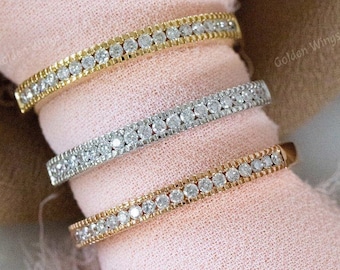 Brilliant Round Moissanite Diamond Matching Band, Round Cut Half eternity Engagement band, milgrain Anniversary  Band For Her