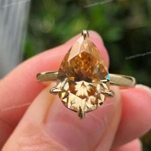 Champagnefärgad päronslipad moissanit solitaire förlovningsring, vigselring i gult guld, päronslipad brun diamant jubileumsring, päronslipad ring,