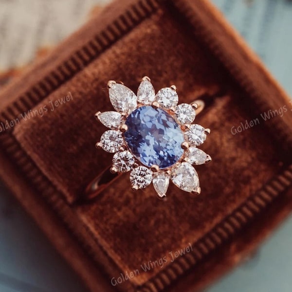 Anello di fidanzamento con diamante zaffiro blu di forma ovale da 1,5 ct, anello con diamante Moissanite, anello Halo scoppiato a fiori con diamante Moissanite rotondo