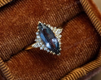 Marquise Blue Sapphire Diamond Engagement Ring, Side Halo Round and Marquise Moissanite Diamond Ring, Marquise Blue Sapphire Engagement Ring