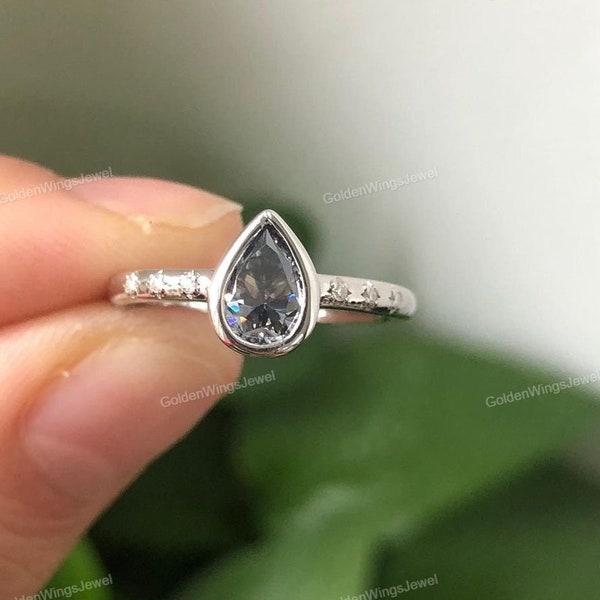 Antique Bezel Set 0.70 CT Pear Cut Dark Gray Moissanite Engagement Ring, Side Diamond Round Cut 10K Solitaire Wedding Ring, Anniversary Gift