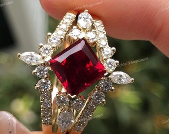 Vintage Princess Cut Lab Red Ruby Bridal Ring Set, Rose Gold Unique Marquise & Round Cut Engagement Band, curved matching Band Set For Women