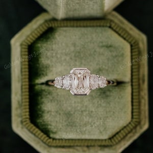 1 CT Emerald Cut Moissanite Diamond Engagement Ring, Half Bezel Set Emerald Ring For Her, Side Oval Moissanite Diamond Ring, Five Stone Ring