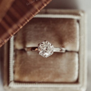 1CT Round Moissanite bezel set ring, milgrain ring, bezel set Moissanite diamond engagement Ring, Round diamond ring with hexagon setting