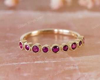 Ruby Milgrain Round Wedding Band, Round Cut Half Eternity Dainty Matching Ring For Band, Red Ruby Milgrain Bezel Shape Matching Wedding Band
