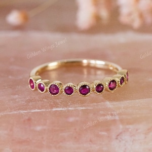 Ruby Milgrain Round Wedding Band, Round Cut Half Eternity Dainty Matching Ring For Band, Red Ruby Milgrain Bezel Shape Matching Wedding Band