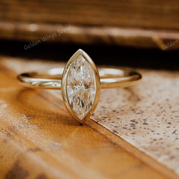 Bezel set marquise cut Moissanite ring, 1CT marquise Moissanite diamond solitaire ring, marquise solitaire bezel set engagement ring