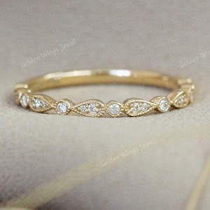 Round Moissanite Wedding Band With Milgrain Design, Round Diamond Half Eternity Dainty Matching Ring For Band, Milgrain Design Matching Band