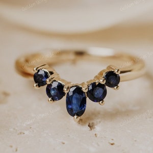 Blue Sapphire Dainty Curved Wedding Band, Stackable Sapphire Diamond Band For Her, Curved Blue Diamond Matching Band, Blue Diamond Band