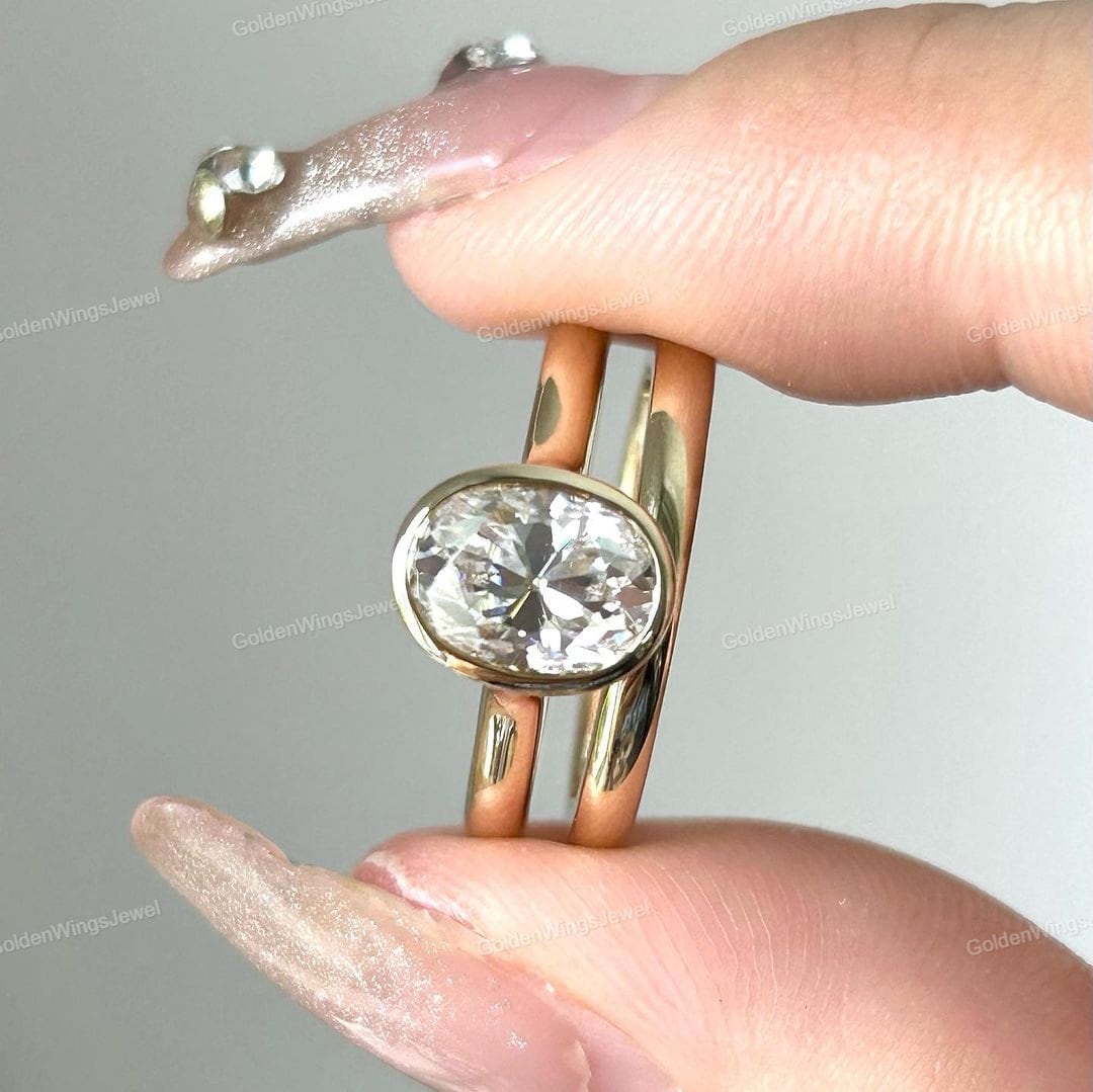 Oval Cut Moissanite Engagement Ring Set, 14K Yellow Gold Bezel Set Oval ...