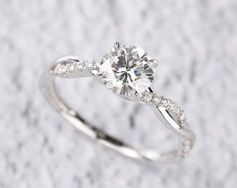 1ct Moissanit Diamant Verlobungsring mit rundem Schliff, gedrehter Schaft, runder Diamantring, gedrehter Bandring für sie, 1ct Diamantring, Jubiläumsgeschenk