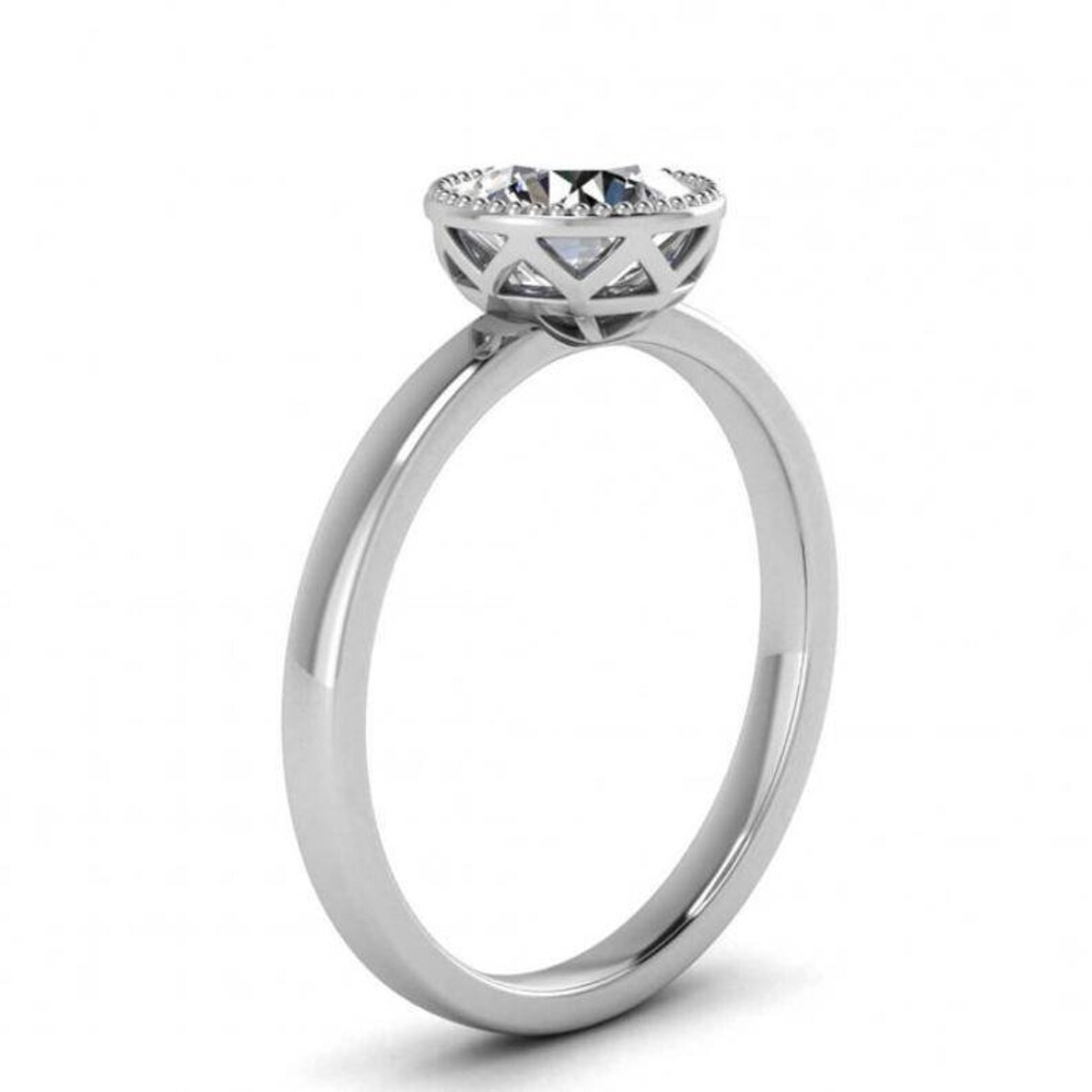 White Gold Round Bezel Ring Unique Basket Gallery Milgrained Etsy