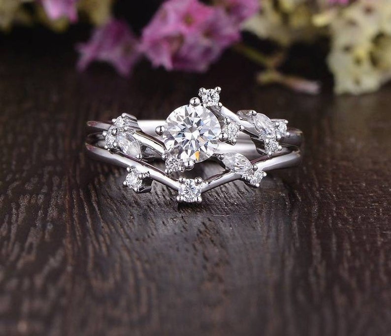 Flower White Gold Bridal Set 2pcs Vine Marquise Leafy Engagement Ring Unique Wedding Stacking Asymmetric Vintage Ring Chevron Matching Band