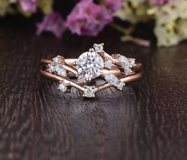 Flower White Gold Bridal Set 2pcs Vine Marquise Leafy Engagement Ring Unique Wedding Stacking Asymmetric Vintage Ring Chevron Matching Band