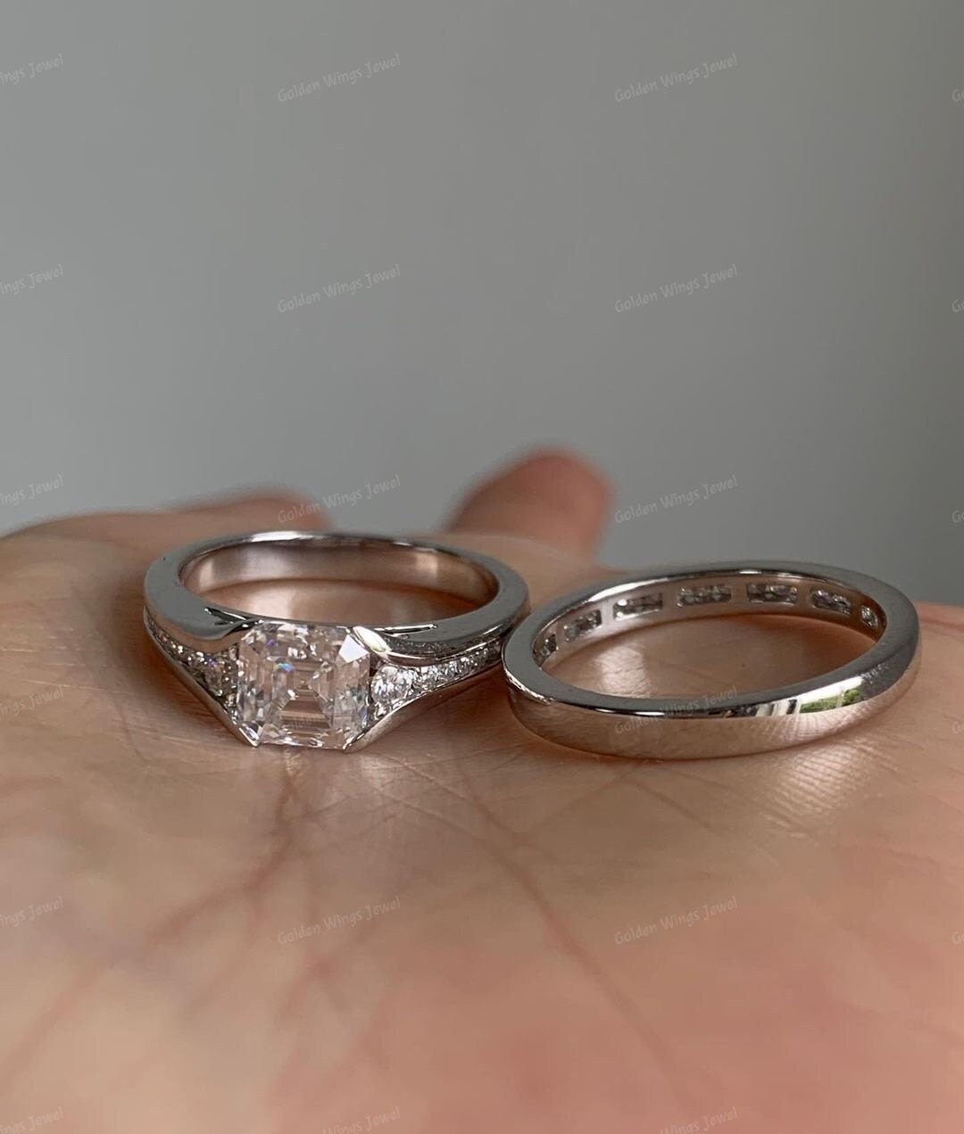 Delicate 1 CT Asscher Cut Moissanite Engagement Ring Set White Gold Solitaire Wedding Bridal Ring Half Eternity Matching Anniversary Band