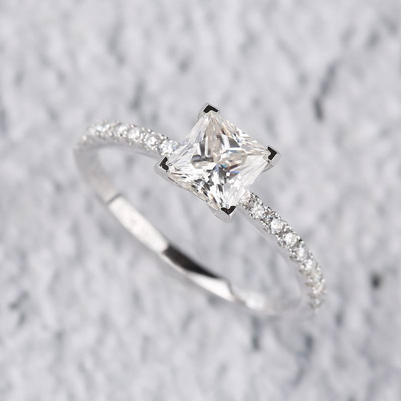 Princess Cut Moissanite Diamond Engagement Ring Half Eternity Moissanite Promise Ring Handmade Ring For Gifts Gold Dainty Rings