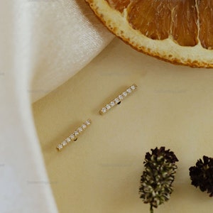 Rundschliff Moissanite Minimalist Pave Bar Ohrstecker, 14k Solid Gold Tiny Diamant Bar Ohrstecker, kleine Diamant Ohrstecker, Geschenk für sie,