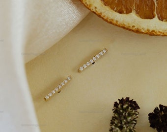 Round Cut Moissanite Minimalist Pave Bar Stud Earrings, 14k Solid Gold Tiny Diamond Bar Stud Earrings, Small Diamond Studs, Gift for Her,