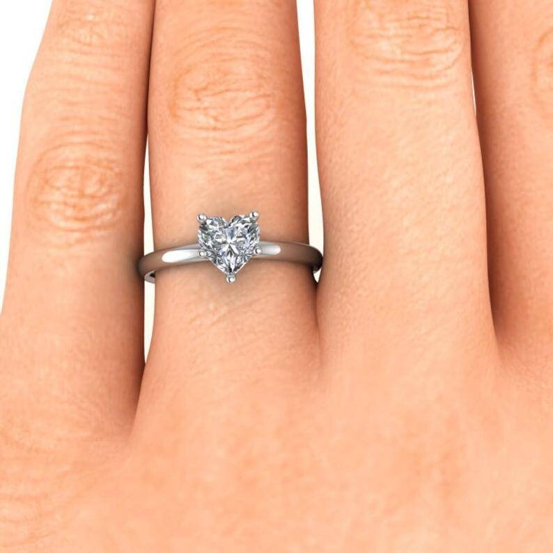 White Gold Classic Heart Shaped Moissanite Thin Ring Petite Etsy