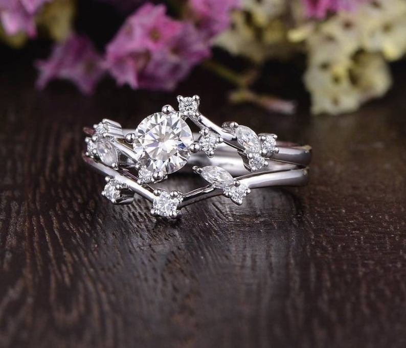Flower White Gold Bridal Set 2pcs Vine Marquise Leafy Engagement Ring Unique Wedding Stacking Asymmetric Vintage Ring Chevron Matching Band