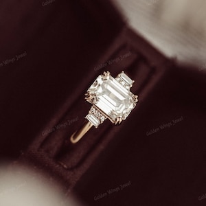 2ct Emerald Moissanite diamond Double claw prong ring with side baguette and round Moissanite diamond engagement ring, 2Ct emerald ring
