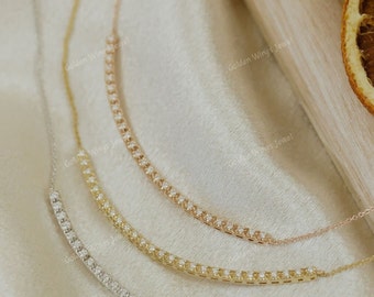 Dainty Diamond Bar Necklace For Women, Curved Bar Necklace With Moissanite Diamonds, Round Diamond Necklace For Everyday, Layering Necklace