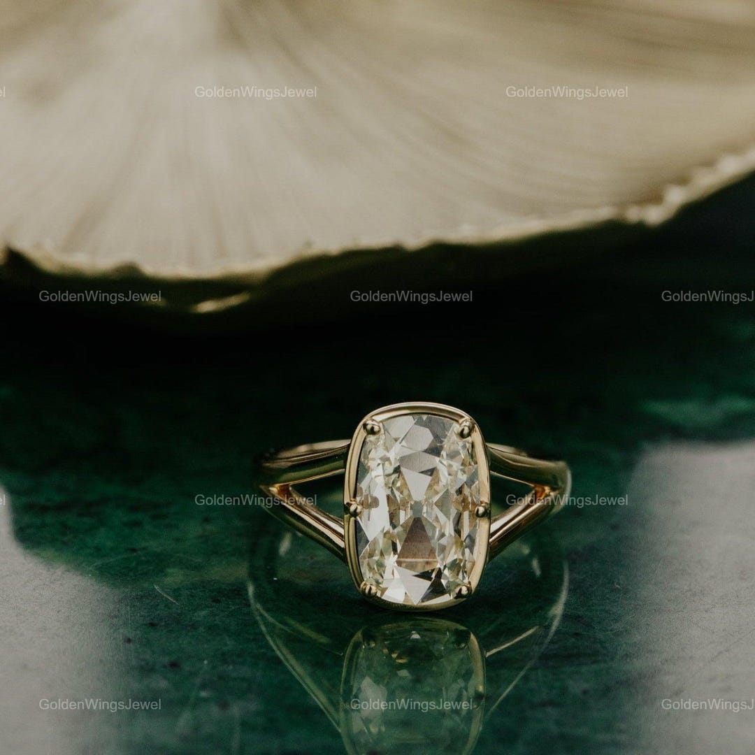 Old Mine Cut Elongated Cushion Diamond Engagement Ring, Split Shank ...